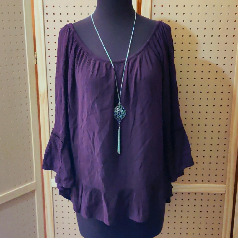 Flowy purple work office blouse with bell sleeves